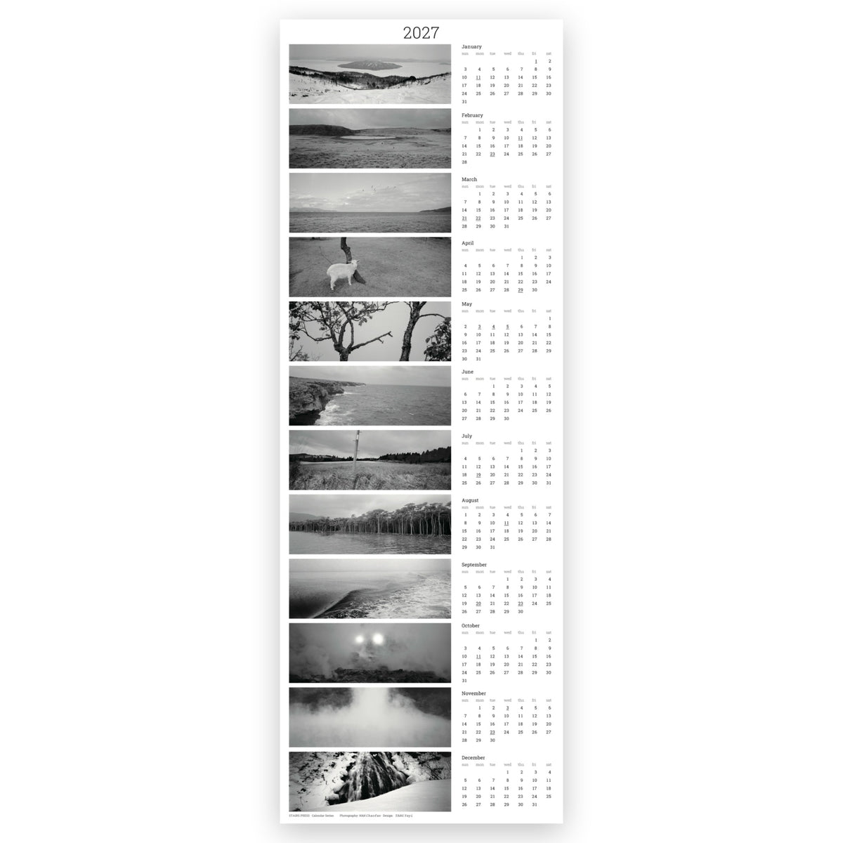 宛超凡『STAIRS PRESS Photography Calendar Series 2027』。12か月分のモノクローム風景写真と月間カレンダーを縦一列に配置した、STAIRS PRESS刊の2027年写真カレンダー。